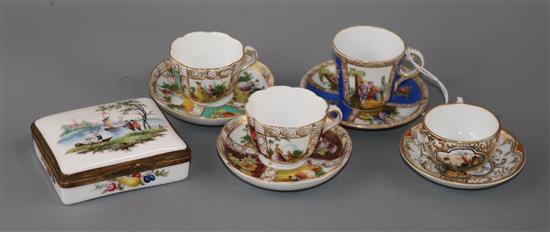 Four Dresden style miniature cups and saucers and a snuff box